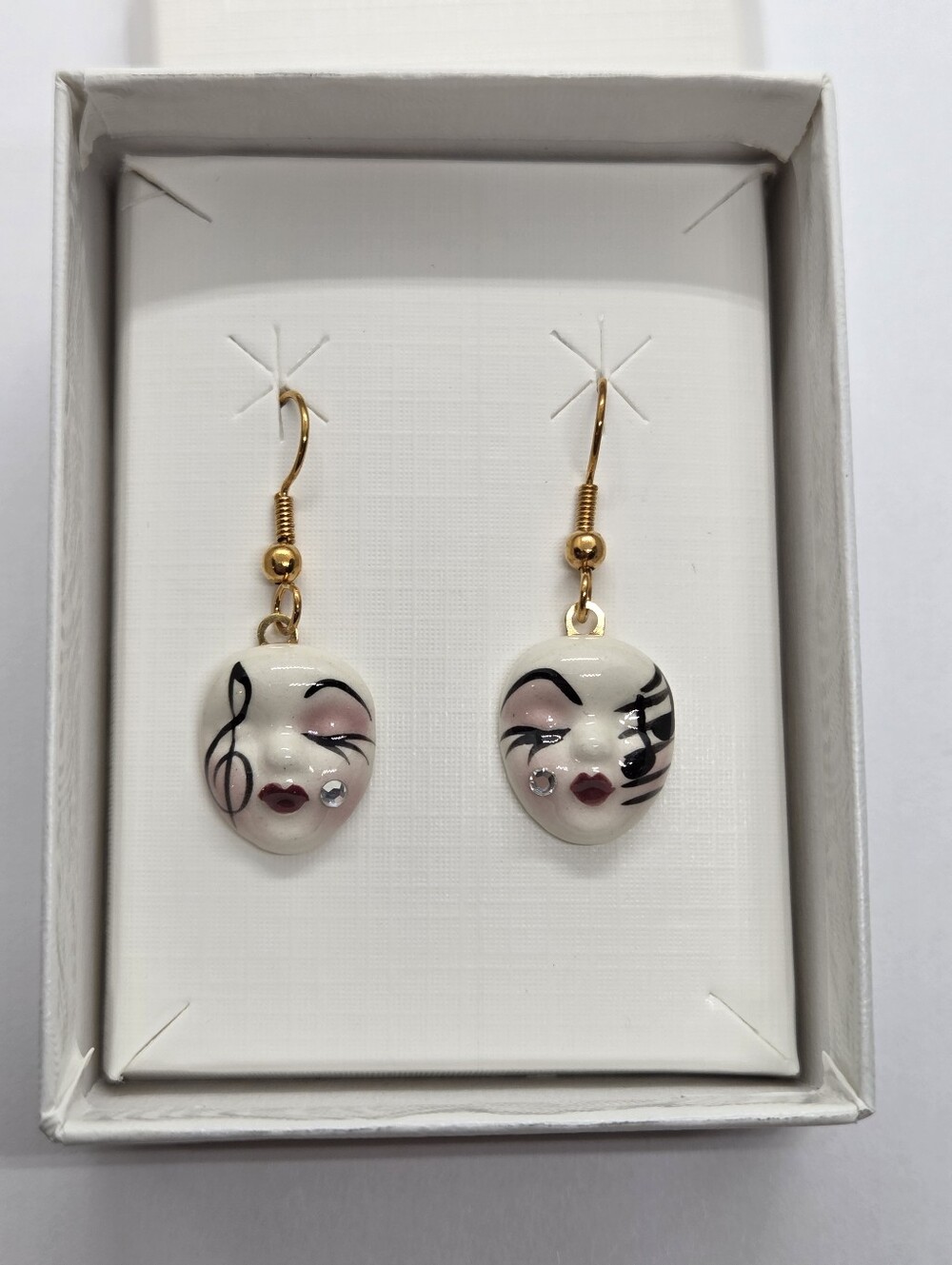 Vintage Fancy Faces Hand Painted Porcelain Music Note Mask Dangle Earrings